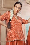 Megha Pitti_Orange Bemberg Crepe Hand Embroidered Floral Notched Kurta Sharara Set _Online_at_Aza_Fashions
