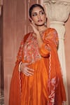 Buy_Megha Pitti_Orange Bemberg Silk Hand Embroidered Floral Round Kurta Pant Set _Online_at_Aza_Fashions