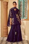Buy_Megha Pitti_Blue Bemberg Silk Hand Embroidered Floral V Neck Kurta Sharara Set _at_Aza_Fashions