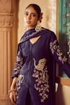 Megha Pitti_Blue Bemberg Silk Hand Embroidered Floral V Neck Kurta Sharara Set _Online_at_Aza_Fashions