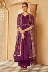 Buy_Megha Pitti_Purple Habutai Silk Printed Floral Notched Yoke Embroidered Kurta Pant Set _at_Aza_Fashions