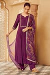 Megha Pitti_Purple Habutai Silk Printed Floral Notched Yoke Embroidered Kurta Pant Set _Online_at_Aza_Fashions