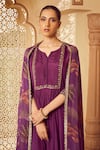 Shop_Megha Pitti_Purple Habutai Silk Printed Floral Notched Yoke Embroidered Kurta Pant Set _Online_at_Aza_Fashions