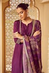 Megha Pitti_Purple Habutai Silk Printed Floral Notched Yoke Embroidered Kurta Pant Set _at_Aza_Fashions