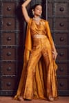 Megha Pitti_Yellow Bemberg Silk Printed Floral V Neck Pant Set With Jacket _Online_at_Aza_Fashions