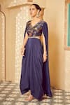 Megha Pitti_Blue Bemberg Silk Printed Floral V Neck Saree Gown _Online_at_Aza_Fashions