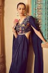 Megha Pitti_Blue Bemberg Silk Printed Floral V Neck Saree Gown _at_Aza_Fashions