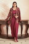 Buy_Megha Pitti_Magenta Bemberg Silk Printed Floral Jacket Stand Collar With Draped Gown _at_Aza_Fashions