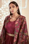 Megha Pitti_Magenta Bemberg Silk Printed Floral Jacket Stand Collar With Draped Gown _Online_at_Aza_Fashions