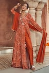 Megha Pitti_Orange Bemberg Silk Printed Floral V Neck Anarkali Pant Set _Online_at_Aza_Fashions