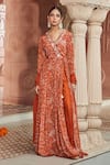 Buy_Megha Pitti_Orange Bemberg Silk Printed Floral V Neck Anarkali Pant Set _Online_at_Aza_Fashions