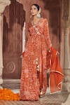 Megha Pitti_Orange Bemberg Silk Printed Floral V Neck Anarkali Pant Set _at_Aza_Fashions