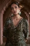 Megha Pitti_Emerald Green Bemberg Silk Printed Floral V Neck Kurta And Pant Set _Online_at_Aza_Fashions