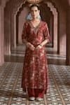 Buy_Megha Pitti_Maroon Bemberg Silk Printed Floral V Neck Pattern Kurta And Pant Set _at_Aza_Fashions