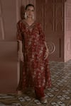 Megha Pitti_Maroon Bemberg Silk Printed Floral V Neck Pattern Kurta And Pant Set _Online_at_Aza_Fashions