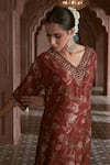 Shop_Megha Pitti_Maroon Bemberg Silk Printed Floral V Neck Pattern Kurta And Pant Set _Online_at_Aza_Fashions