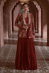 Buy_Megha Pitti_Maroon Bemberg Silk Printed Floral Jacket Shawl Collar Lehenga Set _at_Aza_Fashions