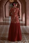 Shop_Megha Pitti_Maroon Bemberg Silk Printed Floral Jacket Shawl Collar Lehenga Set _at_Aza_Fashions