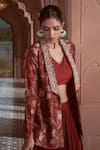 Buy_Megha Pitti_Maroon Bemberg Silk Printed Floral Jacket Shawl Collar Lehenga Set _Online_at_Aza_Fashions