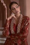 Shop_Megha Pitti_Maroon Bemberg Silk Printed Floral Jacket Shawl Collar Lehenga Set _Online_at_Aza_Fashions