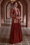 Megha Pitti_Maroon Bemberg Silk Printed Floral Jacket Shawl Collar Lehenga Set _at_Aza_Fashions