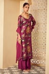 Buy_Megha Pitti_Purple Bemberg Silk Printed Floral V Neck Pattern Kurta Pant Set _Online_at_Aza_Fashions