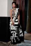 Buy_SAYISHA_Black Satin Printed Abstract Stripe Pre-draped Saree With Blouse _at_Aza_Fashions