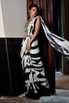 Shop_SAYISHA_Black Satin Printed Abstract Stripe Pre-draped Saree With Blouse _at_Aza_Fashions