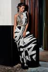 Buy_SAYISHA_Black Satin Printed Abstract Stripe Pre-draped Saree With Blouse _Online_at_Aza_Fashions
