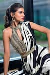 SAYISHA_Black Satin Printed Abstract Stripe Pre-draped Saree With Blouse _at_Aza_Fashions