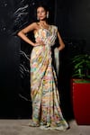 Shop_SAYISHA_Multi Color Chinon Printed Graphic Blouse Pre-draped Saree With  _at_Aza_Fashions