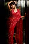 Shop_SAYISHA_Red Net Embroidered Sequin V-neck Jaali Saree With Blouse  _at_Aza_Fashions