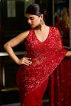 SAYISHA_Red Net Embroidered Sequin V-neck Jaali Saree With Blouse  _Online_at_Aza_Fashions