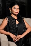 Sayisha_Black Satin Sequins V-neck Crystal Taselled Border Pre-draped Saree With Blouse _Online_at_Aza_Fashions