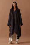 Stoique_Purple Crushed Cotton Applique Collared V Monk Asymmetrical Long Tunic _Online_at_Aza_Fashions