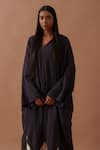 Stoique_Purple Crushed Cotton Applique Collared V Monk Asymmetrical Long Tunic _at_Aza_Fashions