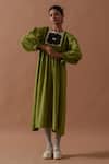 Shop_Stoique_Green Handwoven Cotton Printed Handblock Round Floral Hand Dress _Online_at_Aza_Fashions