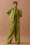 Shop_Stoique_Green Handloom Cotton Sunflower Boxy Fit Pintucked Pant _Online_at_Aza_Fashions