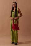 Buy_Stoique_Green Handloom Cotton V-neck Sunflower Pleated Waistcoat _at_Aza_Fashions