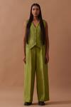 Stoique_Green Handloom Cotton V-neck Sunflower Pleated Waistcoat _Online_at_Aza_Fashions
