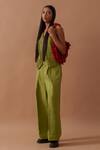 Shop_Stoique_Green Handloom Cotton V-neck Sunflower Pleated Waistcoat _Online_at_Aza_Fashions