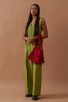Stoique_Green Handloom Cotton V-neck Sunflower Pleated Waistcoat _at_Aza_Fashions