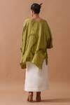 Shop_Stoique_Green Silk V-neck Flamingo Ruffled Swirl Top _at_Aza_Fashions