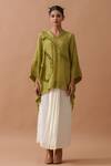 Stoique_Green Silk V-neck Flamingo Ruffled Swirl Top _Online_at_Aza_Fashions