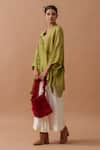 Stoique_Green Silk V-neck Flamingo Ruffled Swirl Top _at_Aza_Fashions