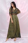 Buy_PUNIT BALANA_Green Silk Satin Embroidered Thread Work V Neck Printed Maxi Kaftan Dress _at_Aza_Fashions