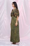 PUNIT BALANA_Green Silk Satin Embroidered Thread Work V Neck Printed Maxi Kaftan Dress _at_Aza_Fashions