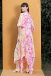 Mandira Wirk Resort_Pink Spandex And Chiffon Orchid & Daisy Print V Cutout Bodysuit With Long Cape _Online_at_Aza_Fashions
