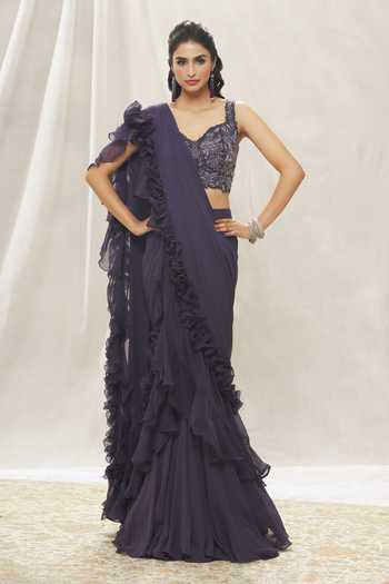 Grey Pre-Draped Saree with Hand-Embroidered Pearl Blouse main image 0