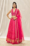 Shop_Alaya Advani_Pink Lehenga Viscose Organza Printed And Embroidered Bandhani Deep V Set_Online_at_Aza_Fashions